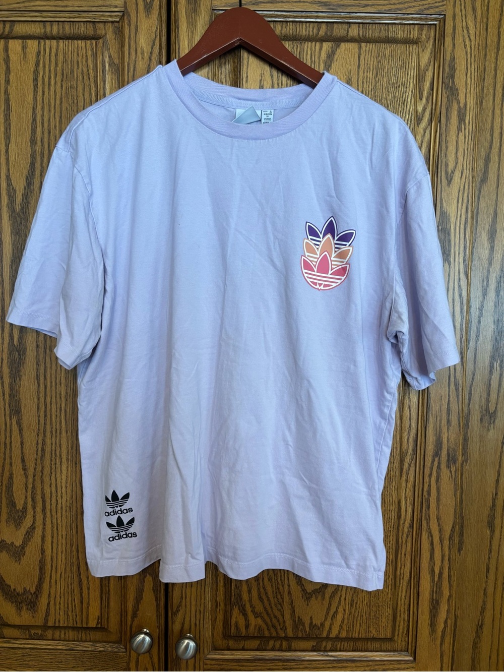 adidas Lavender Short-Sleeve Tee with Multicolor Trefoil size large
